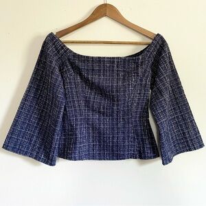 NWT Zara Navy Blue Tweed Textured Off Shoulder Top Size XS